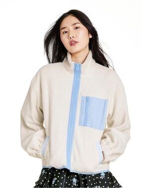 Sandy Liang Limited Edition Gingham Pocket Sherpa Jacket, Cream/Blue, Sz XS NWT